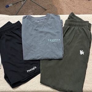 YoungLA Blue Tee with Black Shorts and Green Pants size Large